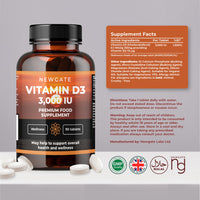 Newgate Labs Vitamin D3 3,000IU 90 High Strength Vegetarian Tablets - Nutritional Supplement - Fight Deficiency - Made in The UK - Halal - GMP Certified
