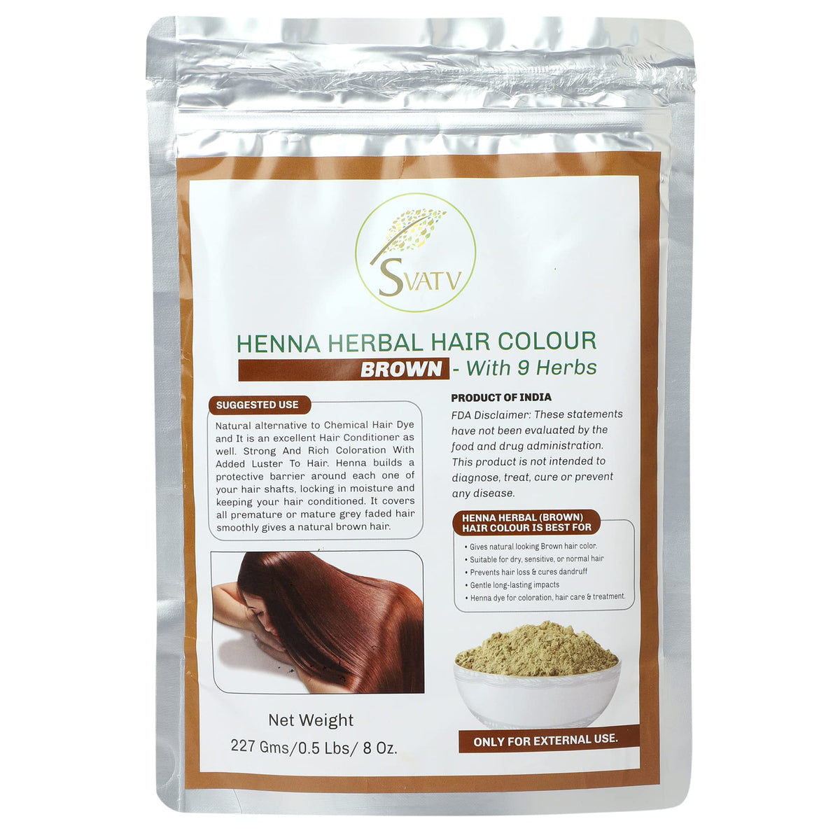 SVATV Brown Henna Hair Colour with Goodness of 9 Herbs | Brown Henna Mehndi for Hair, Make Hair Soft & Shiner Natural Hair Color for Men & Women 227g,08oz