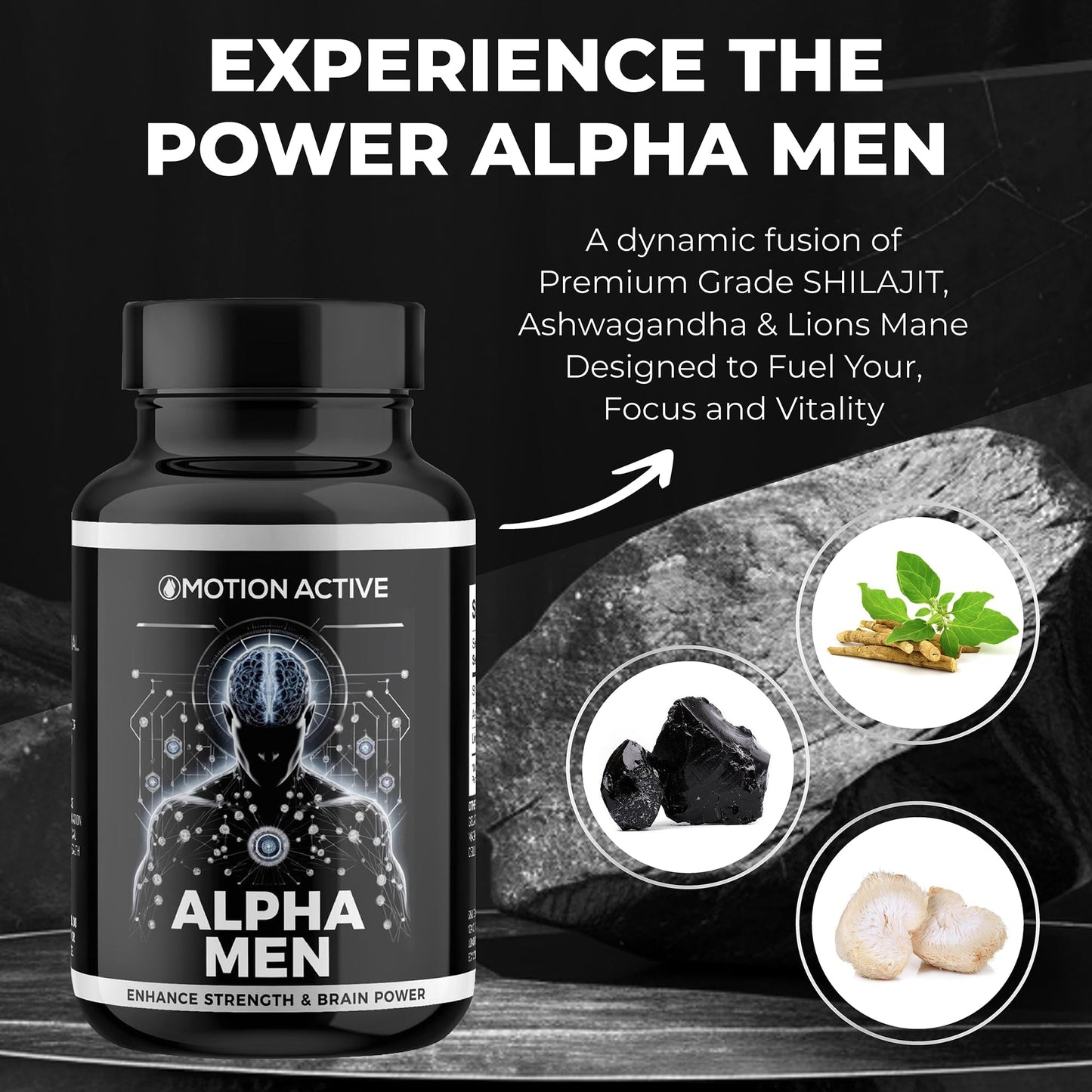 Alpha Men: Shilajit, Ashwagandha & Lion's Mane Capsules 1800mg for Peak Physical and Cognitive Performance. Premium Brain, Energy & Mood Support Blend 1800mg