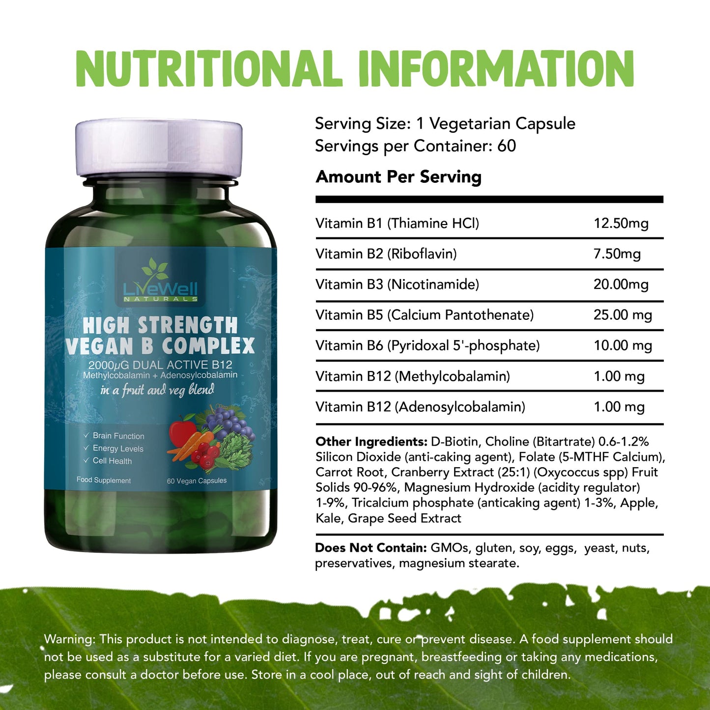 Vitamin B Complex Vegan High Strength Plant Based 60 Capsules Vitamin B12 Supplement B12 2000μg B9 Folate 400μg B7 Biotin 250μg B6 10mg B5 25mg B3 20mg B2 7.5mg B1 12.5mg with Choline Bitartrate