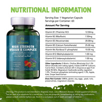 Vitamin B Complex Vegan High Strength Plant Based 60 Capsules Vitamin B12 Supplement B12 2000μg B9 Folate 400μg B7 Biotin 250μg B6 10mg B5 25mg B3 20mg B2 7.5mg B1 12.5mg with Choline Bitartrate