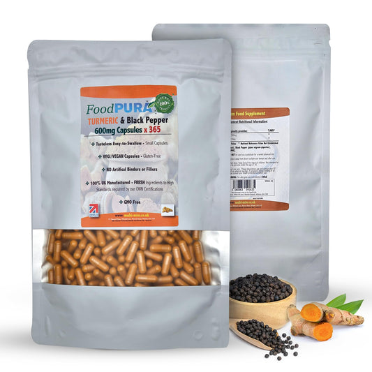 FoodPURA Turmeric with Black Pepper Capsules High Strength 600mg HACCP Certified, Manufactured in The UK by FoodPURA 1 Pack of 365 Capsules