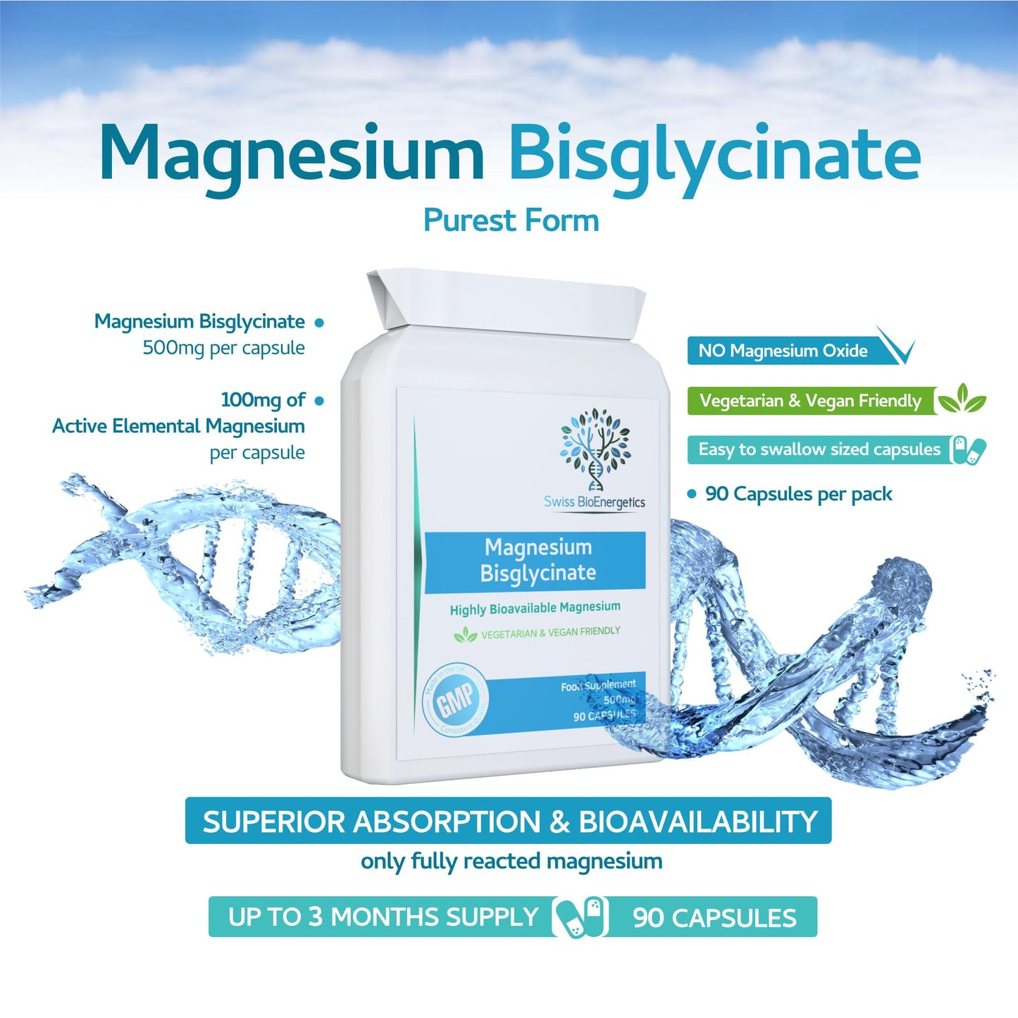 swiss bioenergetics Magnesium Bisglycinate (Glycinate) 500mg - 90 Highly Bioavailable, Maximum Absorption Capsules for Better Sleep, Muscle and Nerve Support Vegan & UK Made