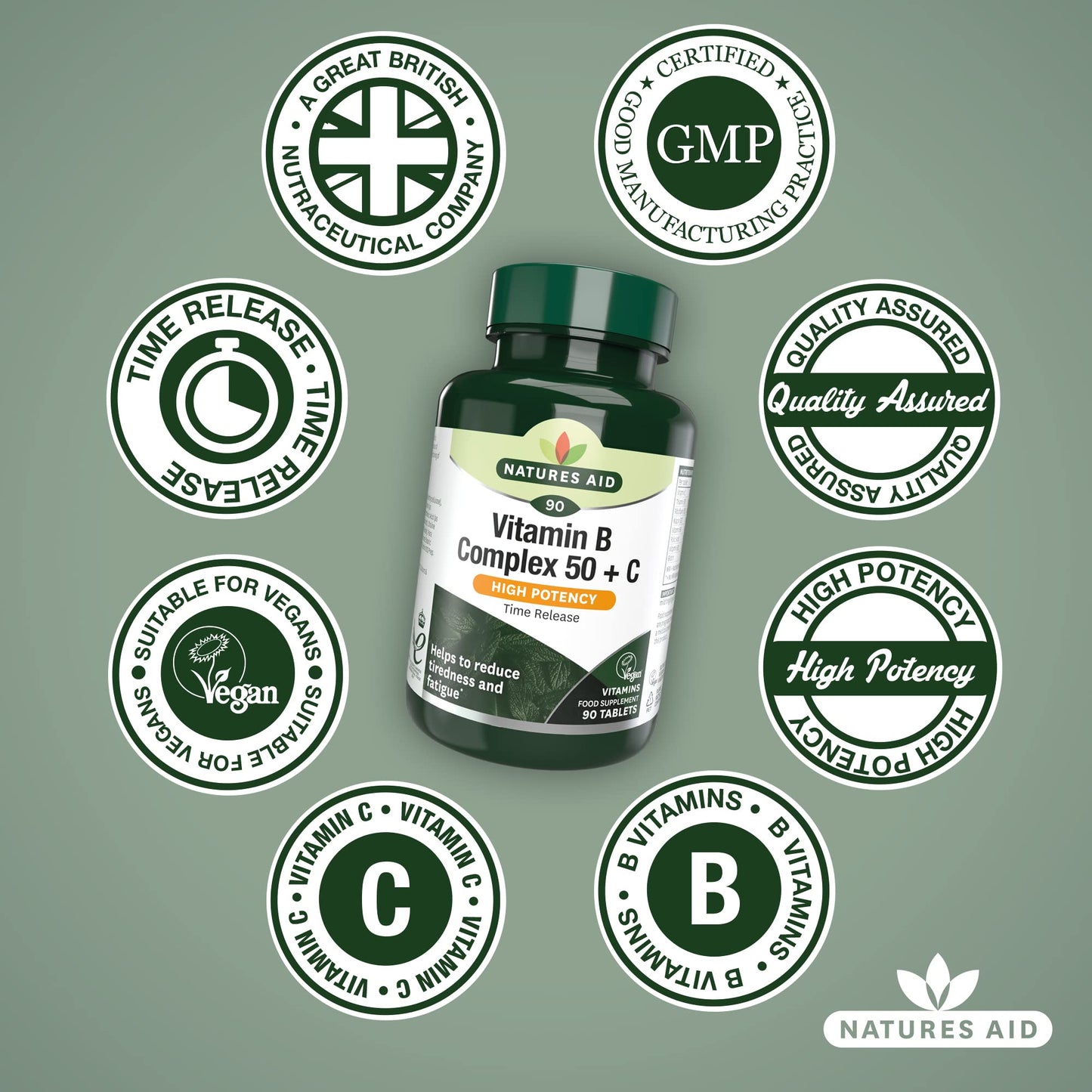 Natures Aid Vitamin B Complex 50 + C (High Potency) with Vitamin C - 90 Tablets