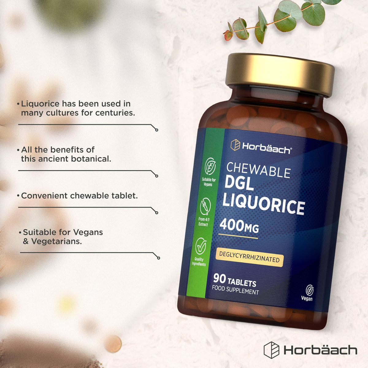 Horbäach DGL Licorice Root Tablets 400mg | Chewable Tablets | High Strength Liquorice Root Extract | 90 Count | Suitable for Vegetarians & Vegans | by Horbaach