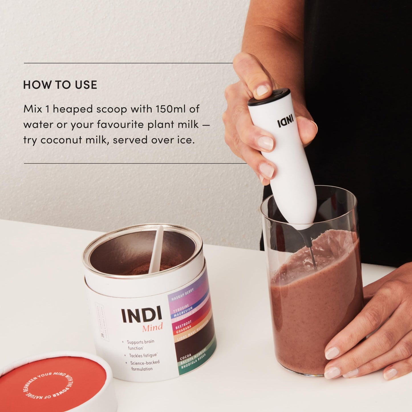 Indi Mind Supplement - Plant-Based Nootropic Powder for Brain Function - Improves Focus, Supports Memory and Combats Fatigue - Cocoa and Berry Flavour - 170g (28 Servings)