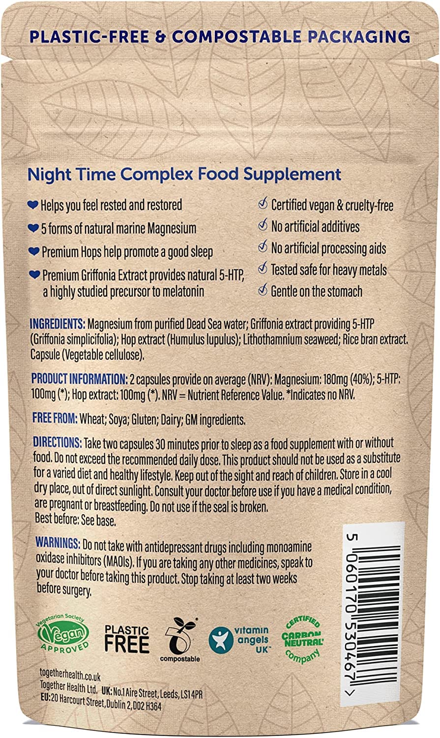 Night Time Complex – Together Health – Marine Magnesium – Griffonia & Hops Extracts – Vegan Friendly – Made in The UK - 60 Vegecaps