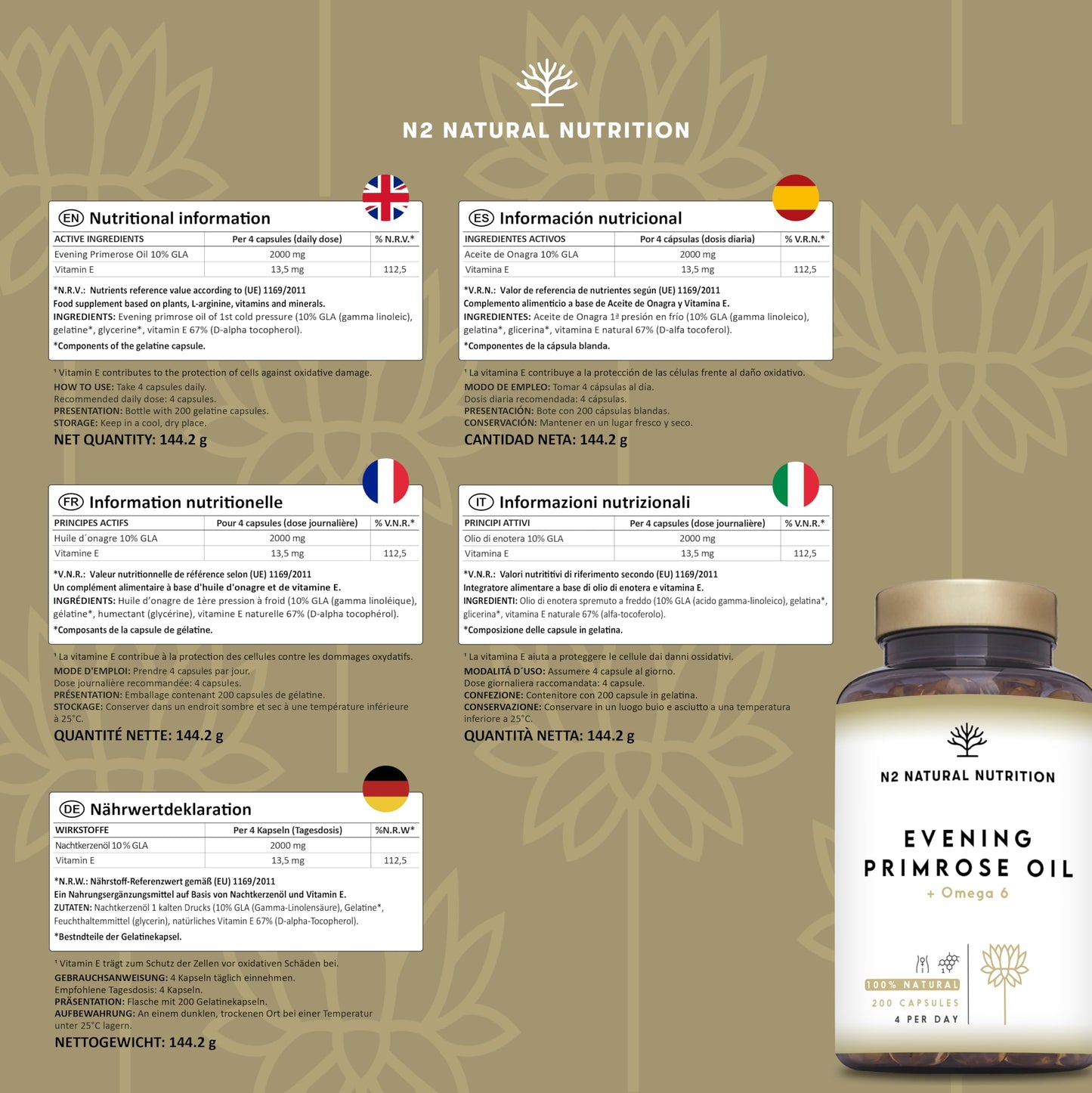 Evening Primrose Oil 2000 mg per dose, GLA Omega 6 200mg + Vitamin E. 200 High Strength Softgels, Easy Swallow, Cold Pressed. Menopause, Skin and Nails Care. Made in EU. N2 Natural Nutrition.