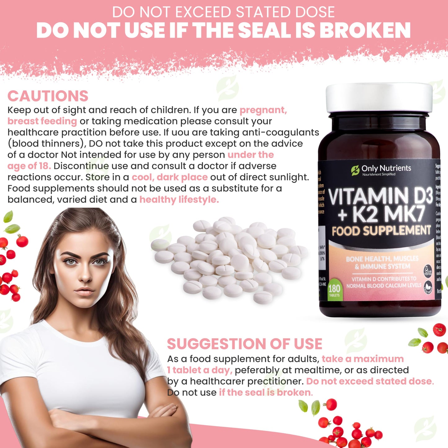 Only Nutrients | Vitamin D3 4000iu & Vitamin K2 125ug MK7 | 180 D3 K2 Enriched Vegetarian Tablets | Max Strength Supplement for Bone, Muscle & Immune System Support | UK Made Vitamin D Tablets