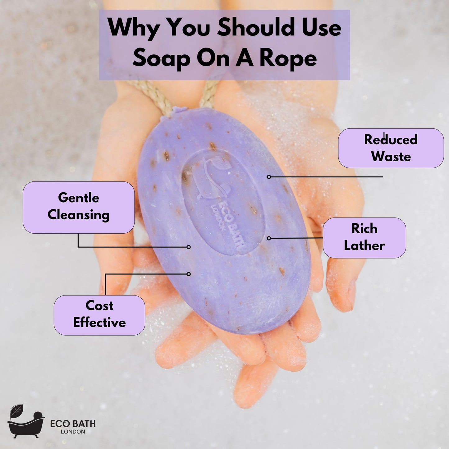 Eco Bath London Lavender Soap on a Rope, Luxury Eco-Friendly Natural Lavender Soap, 220g