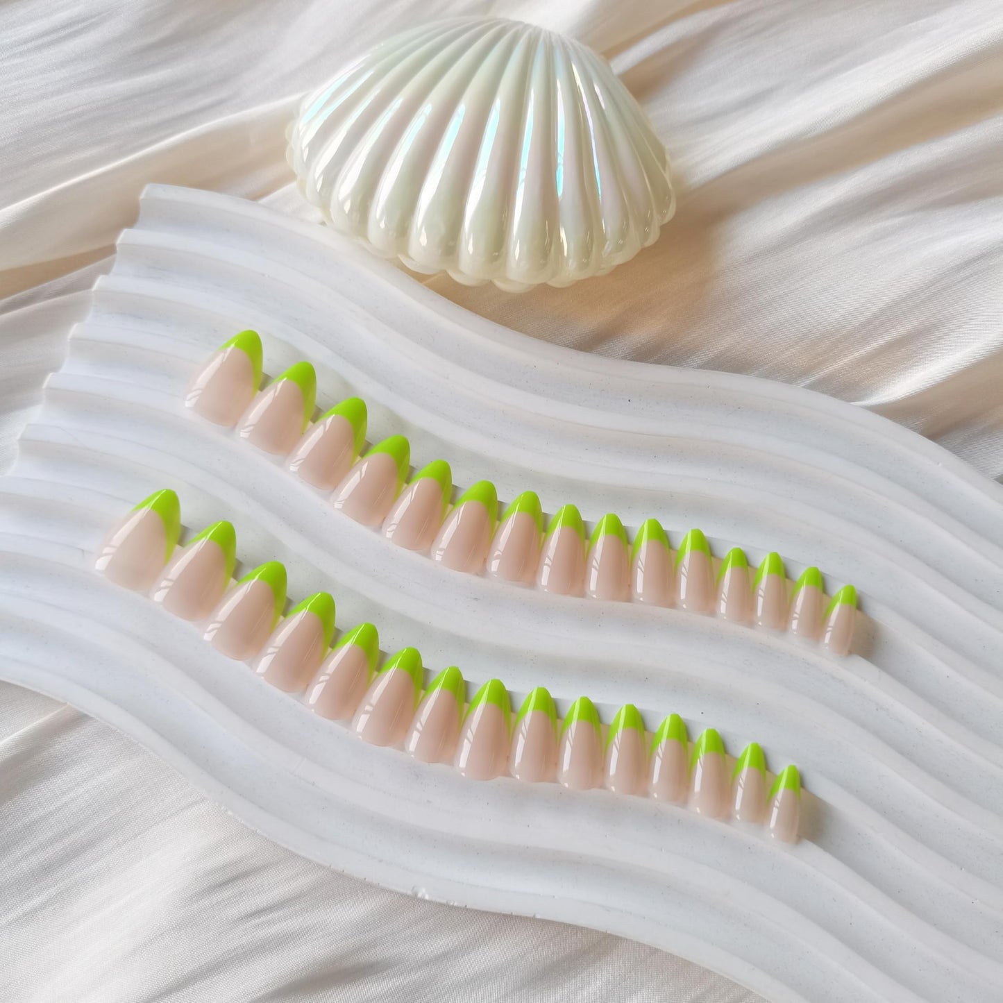 SXVME 30 Pcs Acrylic Press on Nails Short Almond, Neon Green French Tip False Nails Short Pointed Stiletto, Natural Nude Fake Nails Set Classic Soft Gel Stick on Nail for Women Daily Wedding Wear