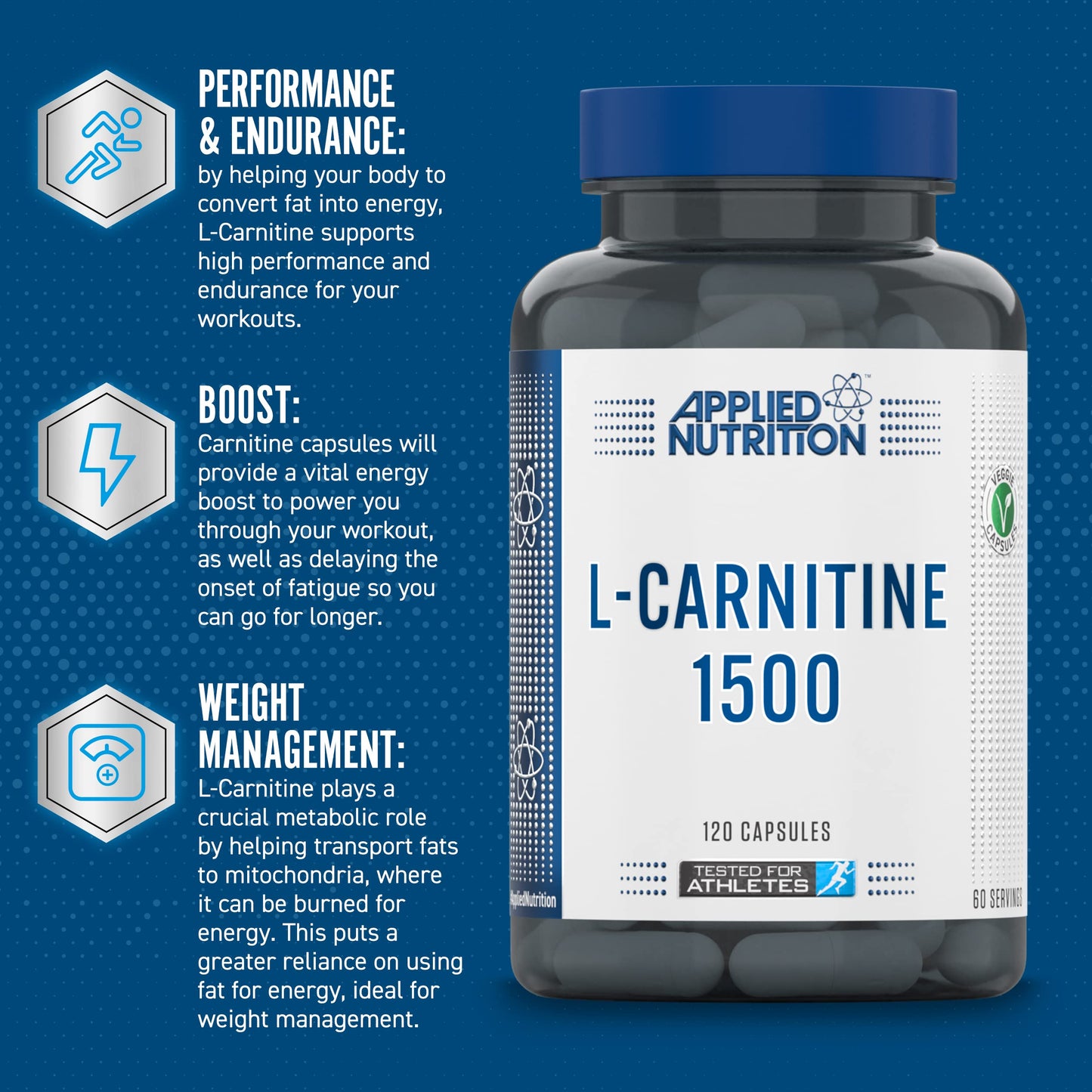 Applied Nutrition L-Carnitine 1500mg - Carnitine Supplement Premium L-Tartrate Form, High Strength, Energy Boost & Weight Management (120 Capsules - 60 Servings)