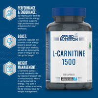 Applied Nutrition L-Carnitine 1500mg - Carnitine Supplement Premium L-Tartrate Form, High Strength, Energy Boost & Weight Management (120 Capsules - 60 Servings)