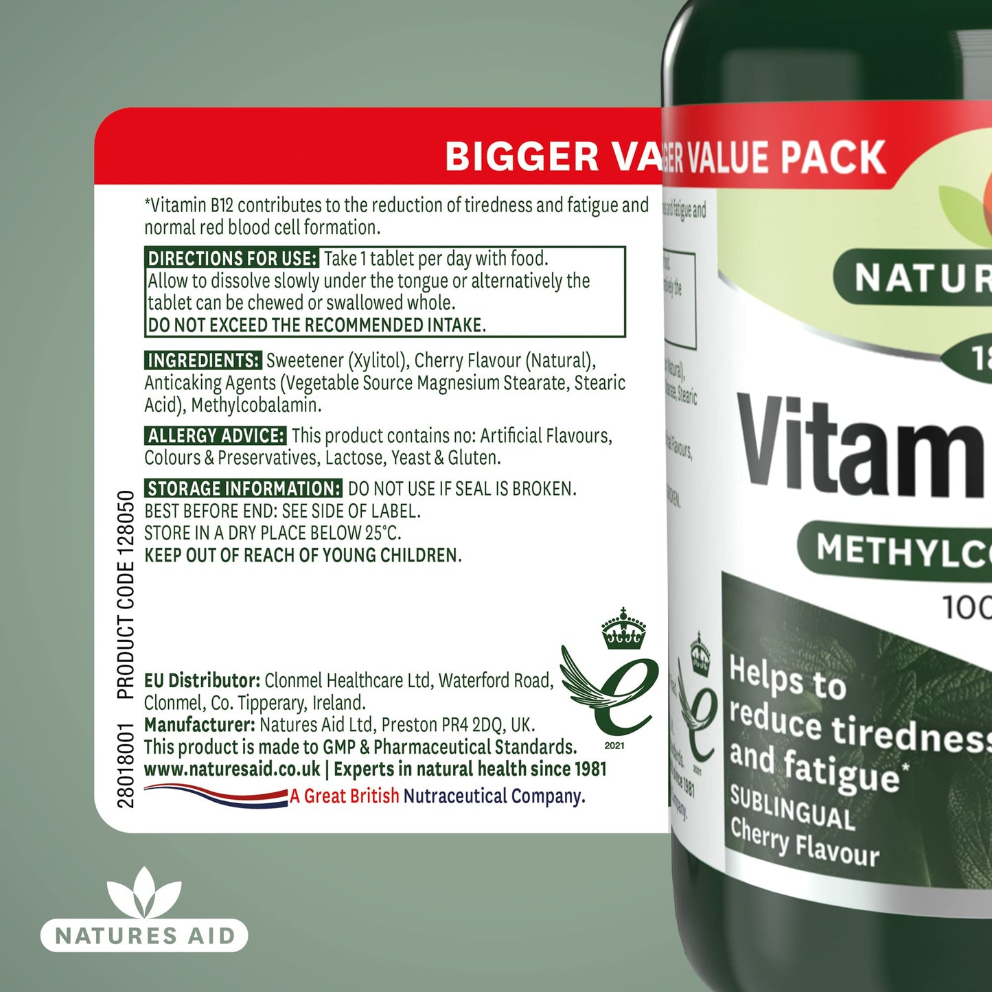 Natures Aid Vitamin B12, Methylcobalamin, One-A-Day, Cherry Flavour, 180 Tablets