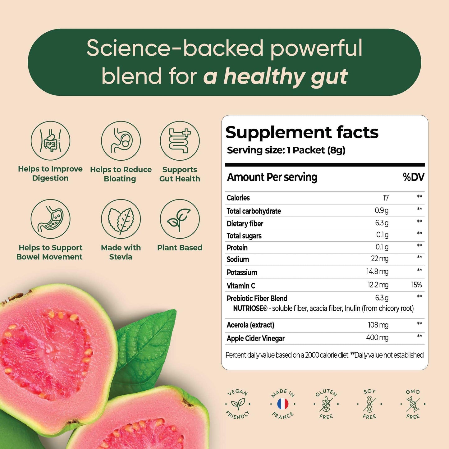 Rite Gut Health Prebiotic Supplement, High Fibre, Soluble Fibre Powder, Digestive Health, Vegan, Guava Flavour (15 Servings)