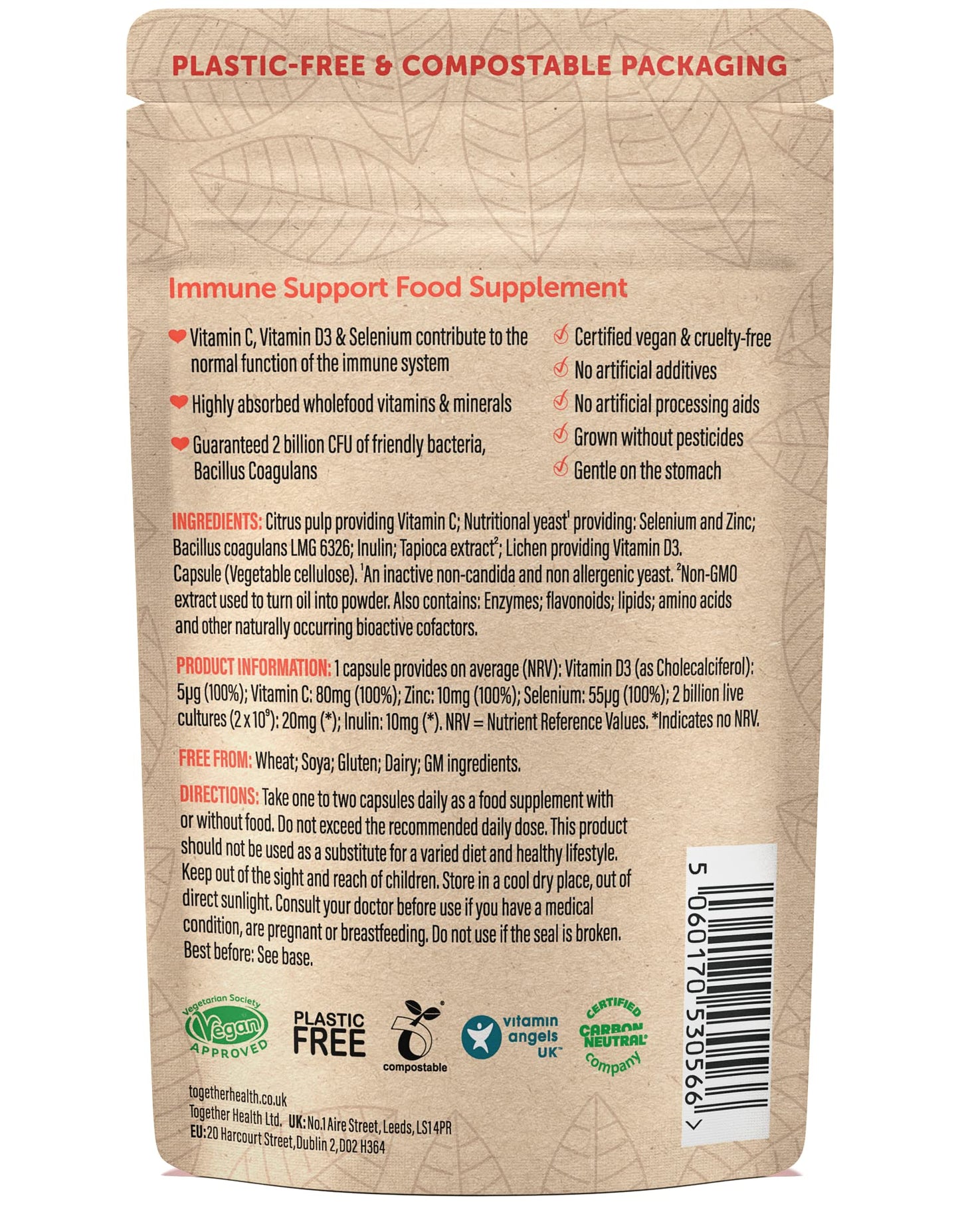 Immune Support Supplement – Together Health – Whole Food Nutrients – Vitamin C, Zinc, Selenium & Live Bacteria – Vegan Friendly – Made in The UK – Pack of 2-60 Vegecaps