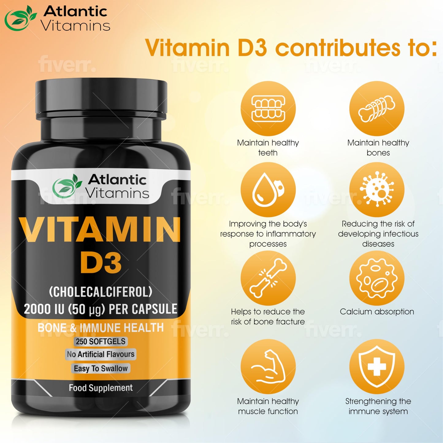 Vitamin D3 2000iu Softgel Capsules - High Strength Vitamin D for Immune Support - Healthy Bones and Teeth - Muscle Function - Easy to Swallow Cholecalciferol VIT D3 - Atlantic Vitamins - UK Made