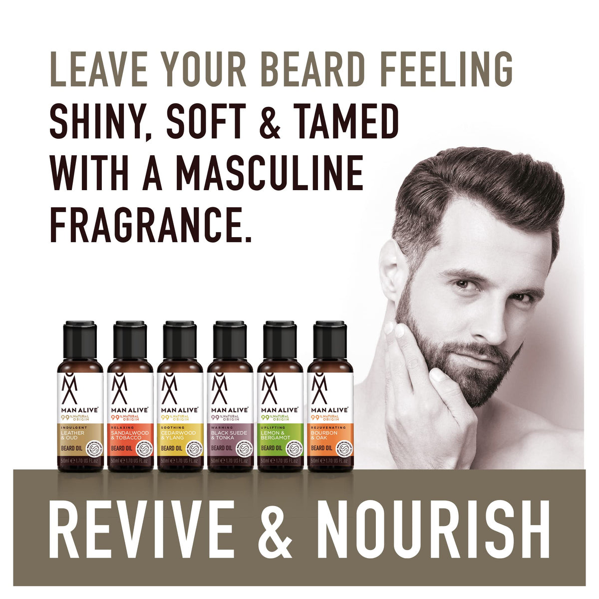 MAN ALIVE Beard Oil for men by Man Alive 99% Natural skincare 50ml with Oatmeal, Argan Oil, Jojoba Oil & Almond Oil, gifts for men softens facial hair mens gifts birthday gifts for him (Leather & Oud)