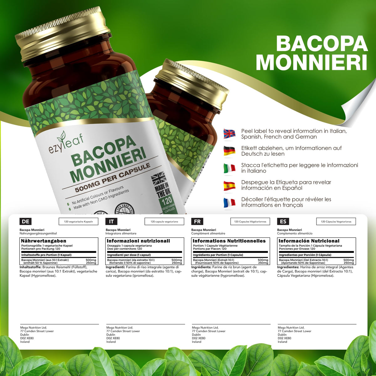 Ezyleaf Nutrition Ezyleaf Bacopa Monnieri 500mg High Strength Bacopa 120 Capsules | Bacopa-Extract Ayurvedic Brahmi Powder Capsules | Vegan, Non-GMO Allergen & Gluten Free | Made in UK