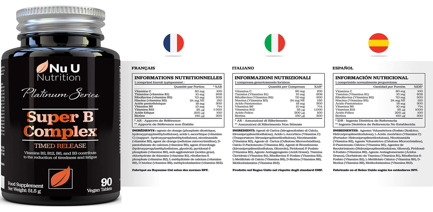 Nu U Nutrition Vitamin B Complex - 8 High Strength B Vitamins & Vitamin C - Vitamins B1, B2, B3, B5, B6, B8, B9 & B12, 90 Timed Release Tablets, 3 Month Supply, Vegan & Vegetarian VIT B Complex