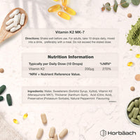 Horbäach Vitamin K2 MK7 Drops 200ug | 50 ml | High Strength Vitamin K2 as Menaquinone MK7 | Peppermint Flavour | Vegan Liquid Food Supplement | by Horbaach