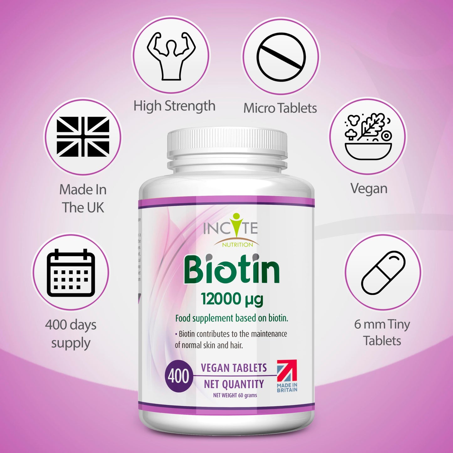 Biotin Hair Growth Supplement 12,000mcg - 400 Tiny 6mm Tablets (Full Year Plus Supply) - Biotin Hair Growth Tablets for Men & Women Biotin Tablets