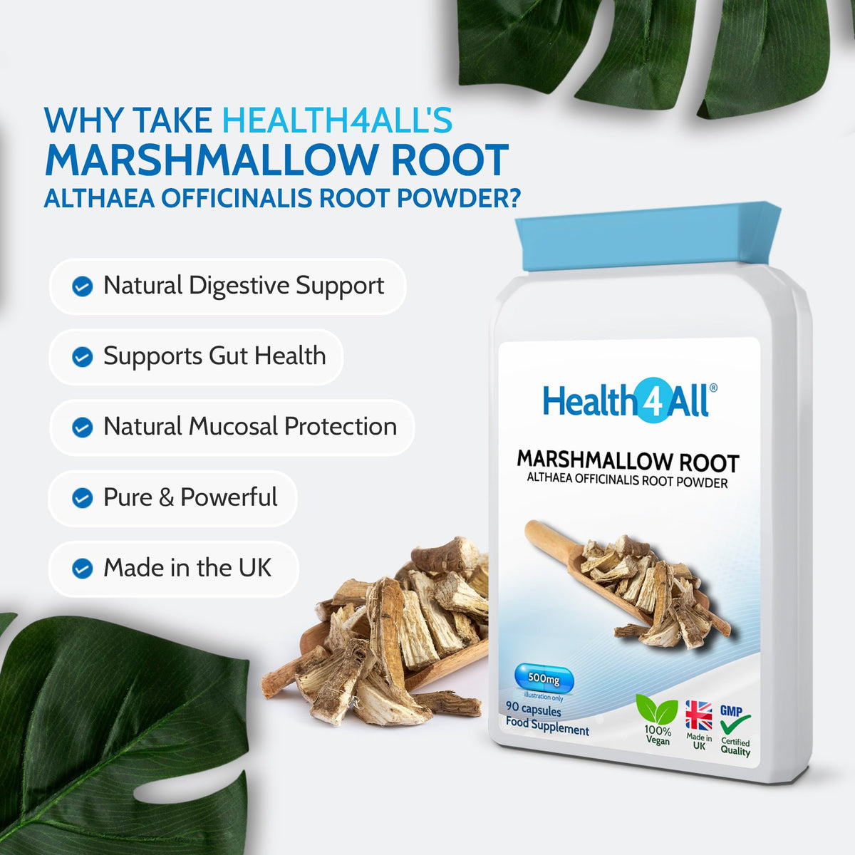 Health4All Marshmallow Root 500mg per Capsule, 90 Capsules, Digestive Health Support