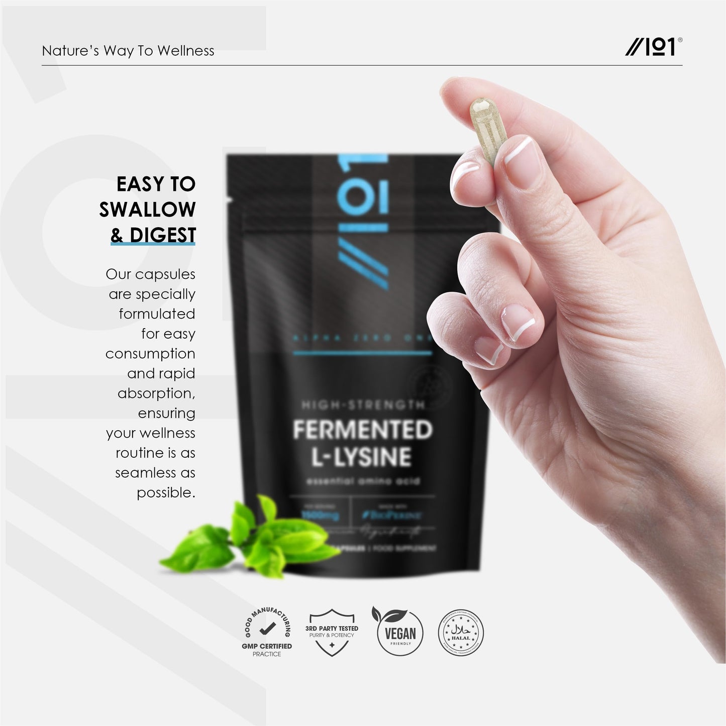 ALPHA01 Fermented L-Lysine 1500mg with BioPerine® - Made with Vitamin C - High Strength - 120 Vegan Capsules – Resealable and Recyclable Pouch – by Alpha01