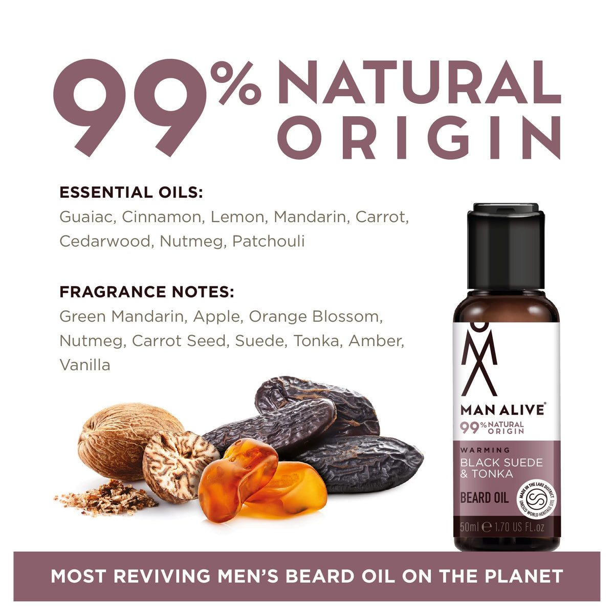 MAN ALIVE Beard Oil for men by Man Alive 99% Natural skincare 50ml with Oatmeal, Argan Oil, Jojoba Oil & Almond Oil, gifts for men softens facial hair mens gifts birthday gifts for him (Black Suede & Tonka)