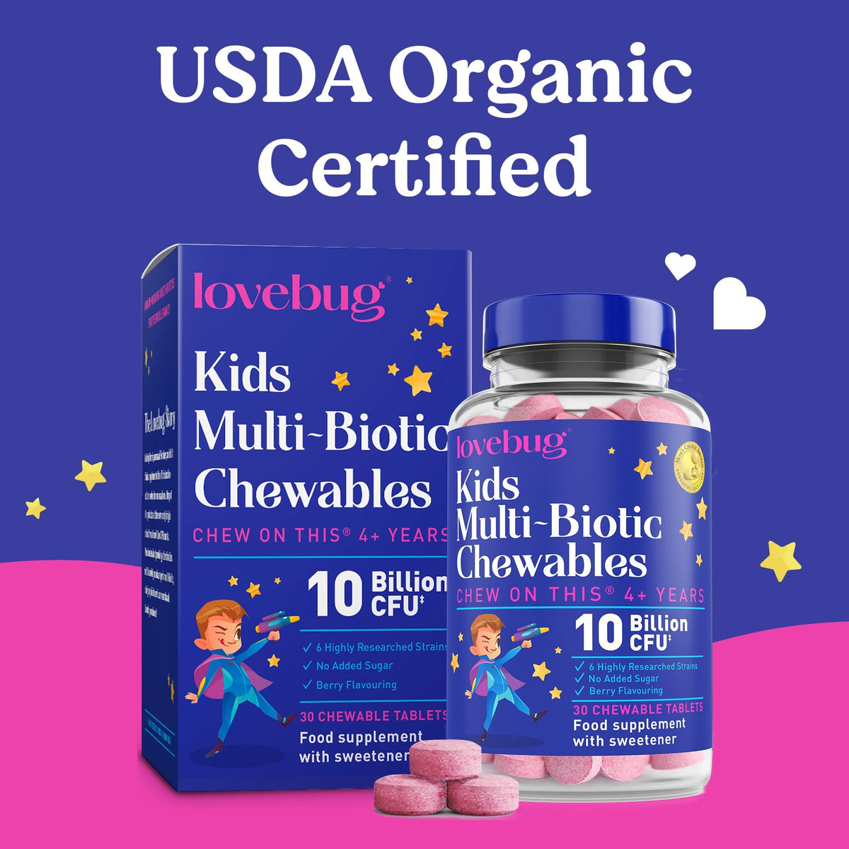LOVEBUG Lovebug Kids Probiotic Chewables - 10 Billion CFU with Prebiotics - Friendly Bio Cultures for Children & Toddlers (Age 4+) - 30 Chewable Berry Flavour Tablets - Gentle Support for Childrens Gut Health