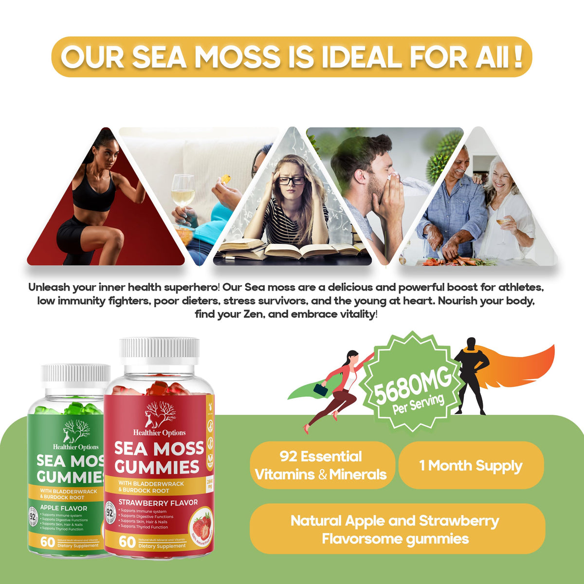 Healthier Options Irish Sea Moss Gummies with Bladderwrack & Burdock Root 5680 Mg | 60 Gummies | Apple Flavour | Vitamins & Minerals | Organic, Natural, Vegan, Gluten Free, Non GMO, High Strength
