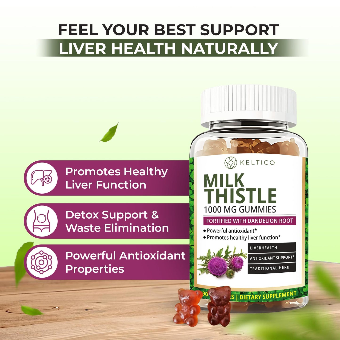 Keltico Milk Thistle Gummies 1000mg – Fortified with Dandelion Root – Liver Support & Detox Supplement – Vegan, Gluten-Free – Antioxidant Support - 90-Day Supply - Liver Health - Cleanse