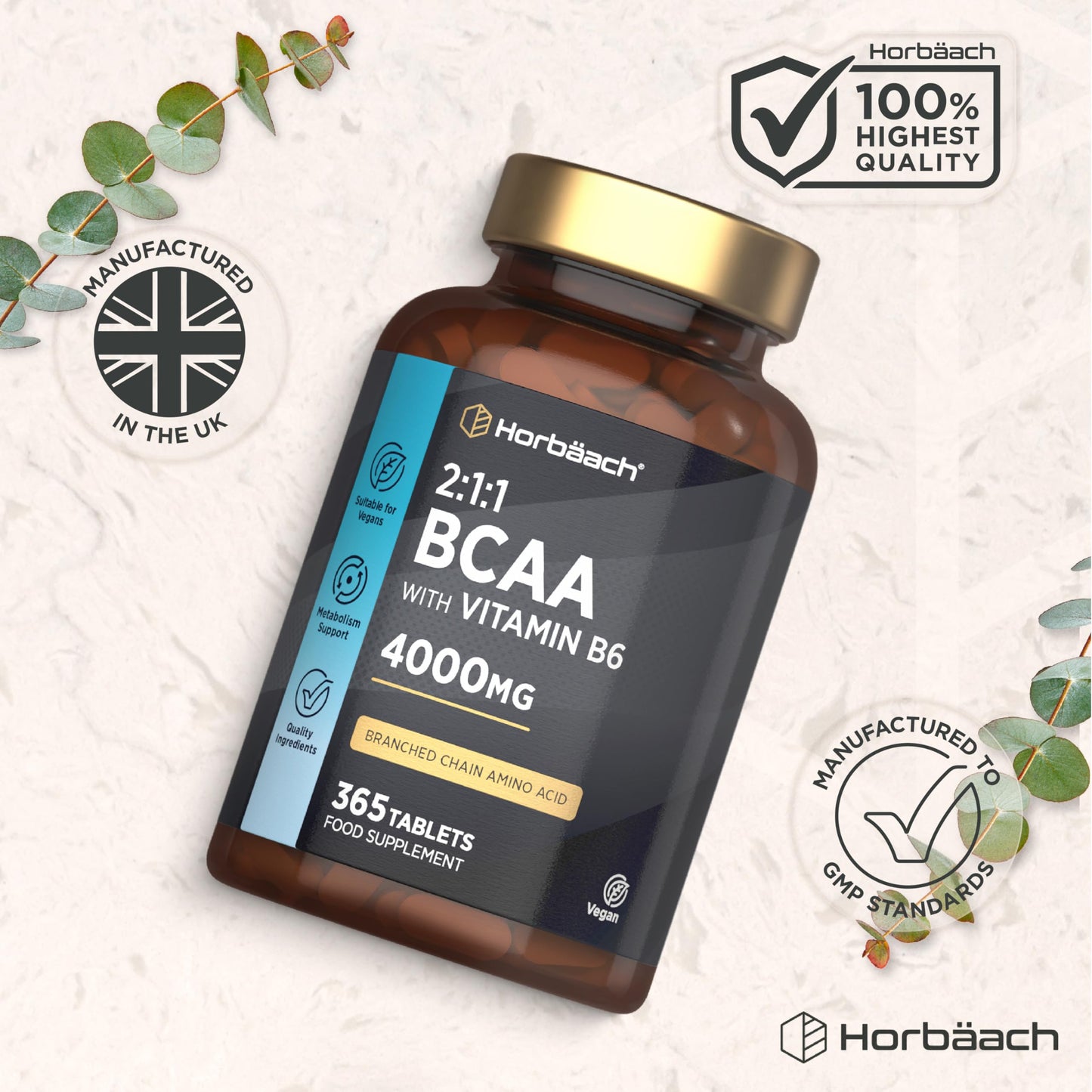 Horbäach BCAA Tablets | 4000mg BCAA per Serving | 3 Months Supply | Essential Amino Acid Supplement with Vitamin B6 | 365 Vegan Tablets | BCAA Powder and Capsules Alternative Pre Workout | by Horbaach