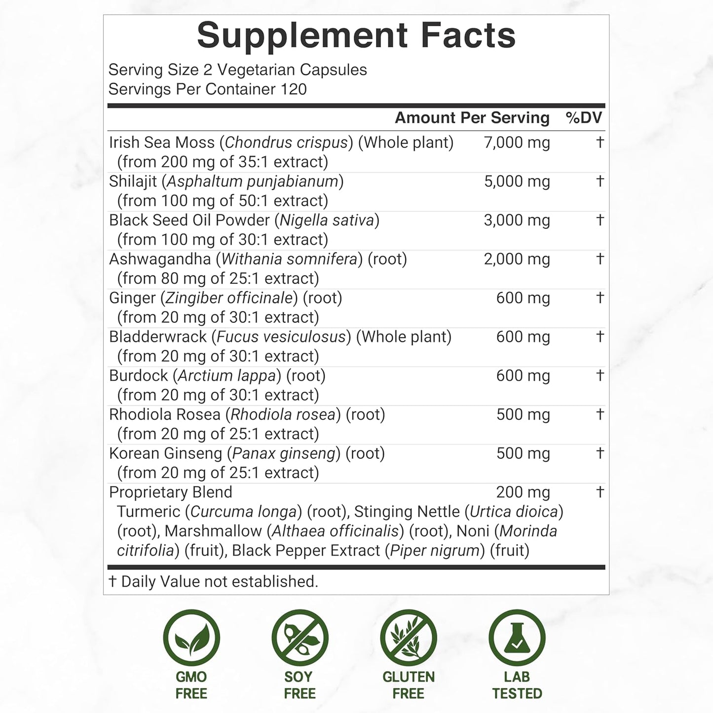 Irish Sea Moss 7000mg Per Serving, 240 Veggie Capsules –3000mg Black Seed Oil, 2000mg Ashwagandha, 600mg Ginger