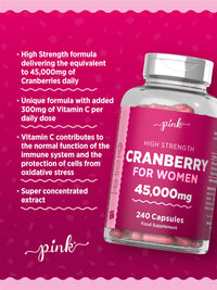 Cranberry Capsules 45000mg for Urinary Infections | 240 High Strength Capsules | with Vitamin C | by Pink