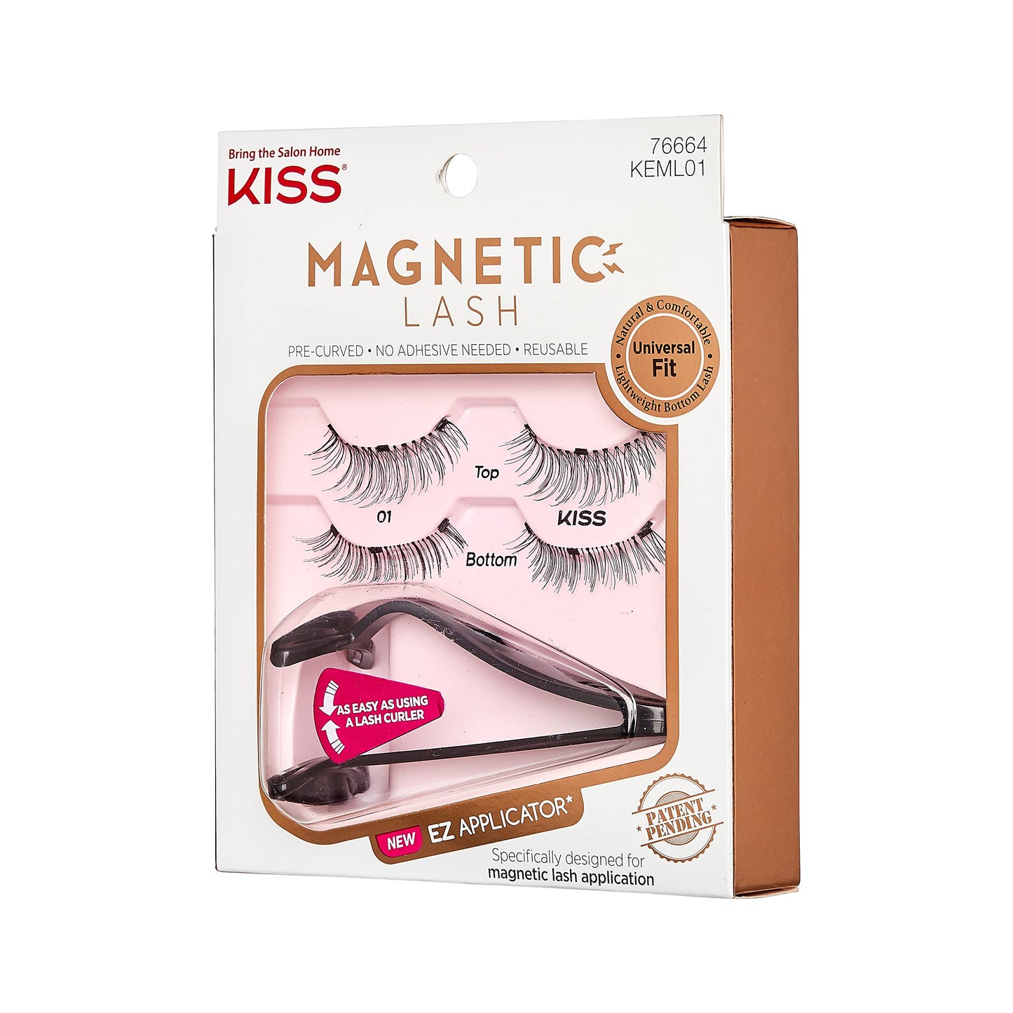 KISS Magnetic Lash 01, Synthetic False Eyelashes with Magnets Under and Over Your Upper Lashes, No Glue Needed, Lightweight, Reusable, Contact Lens Friendly, Cruelty Free, with Lash Applicator, 1 Pair