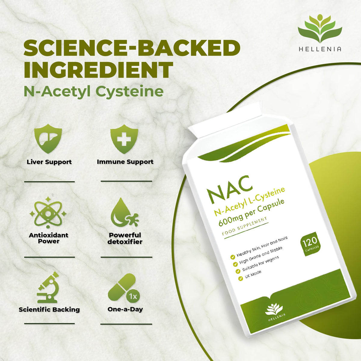NAC N-Acetyl-Cysteine 600mg | 120 Vegan Capsules | NAC Supplement | Vegan NAC Supplement | High Strength & High Bioavailability - Manufactured in the UK by Hellenia