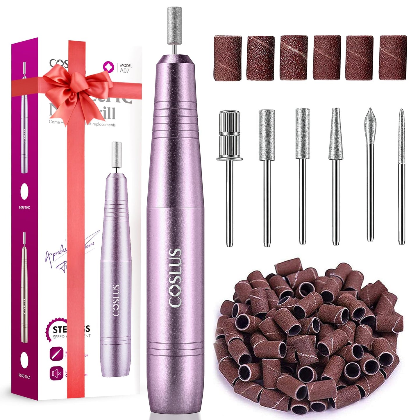 COSLUS Electric Nail Drill, Nail Files for Gel Acrylic Nature Nails, Adjustable Speed 0-20000RPM, Portable Manicure Pedicure Set with 6 Drill Bits 31 Sanding Bands, E File Gifts for Beginner Girl Women Mum