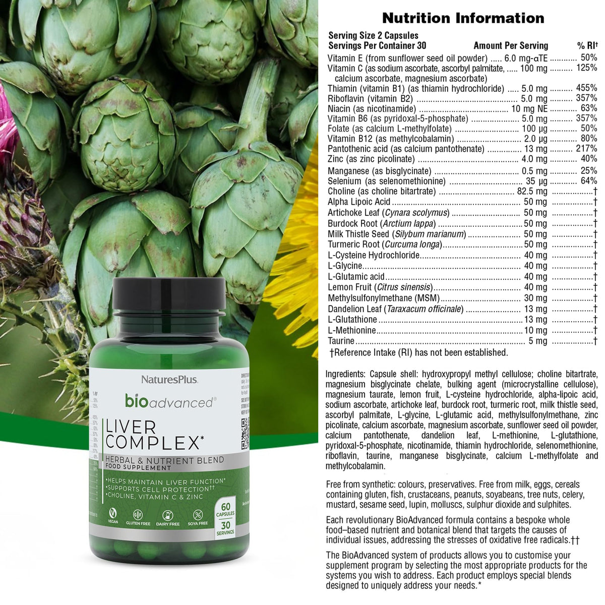 Nature's Plus NaturesPlus Bio Advanced Liver Complex - Liver Supplement with Turmeric, Artichoke, Milk Thistle, Dandelion, Choline, Methyl B12, Folate, VIT C - Gluten, Dairy, Soy Free - Vegan, 60 Capsules