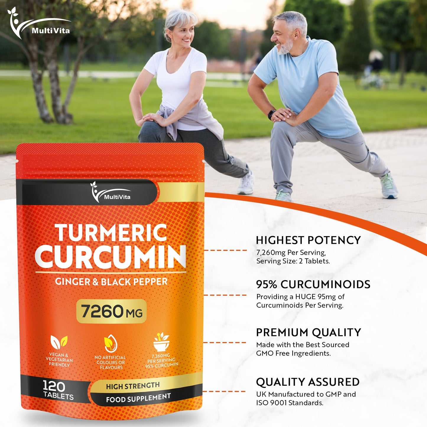 Multivita Turmeric Curcumin Tablets 7,260mg Per Serving - 95% Curcuminoids 2 Months Supply - with Ginger & Active Curcumin including Black Pepper to Aid Absorption - High Strength Tumeric Supplement - Vegan UK