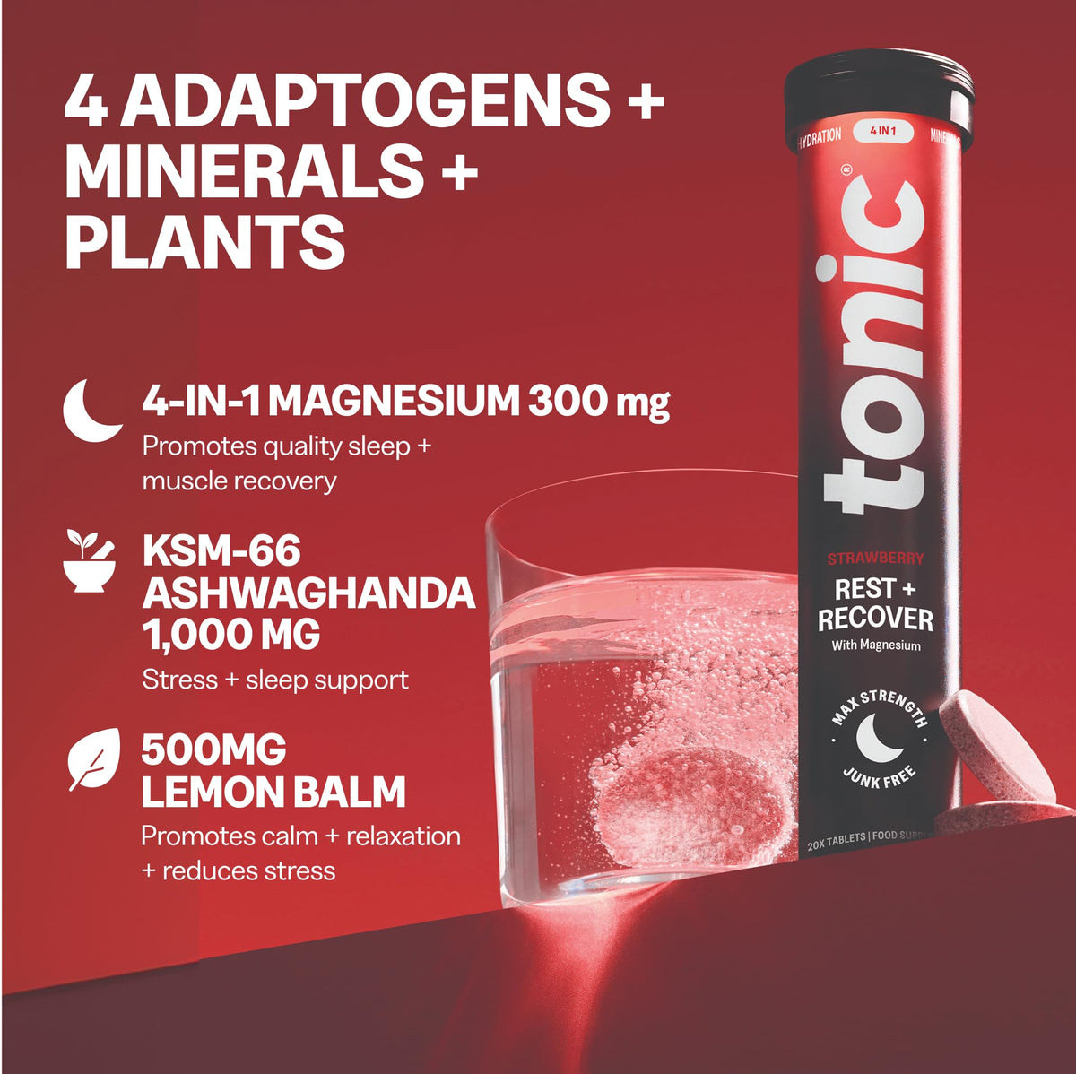 Tonic Health Rest and Recovery Effervescent Tablets - 300mg Elemental Magnesium, Ashwagandha, Lemon Balm - No Sugar, Magnesium Glycinate - Relax and Recharge, Strawberry 60 Count