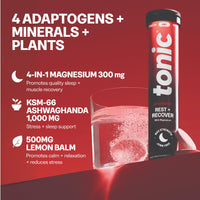Tonic Health Rest and Recovery Effervescent Tablets - 300mg Elemental Magnesium, Ashwagandha, Lemon Balm - No Sugar, Magnesium Glycinate - Relax and Recharge, Strawberry 60 Count
