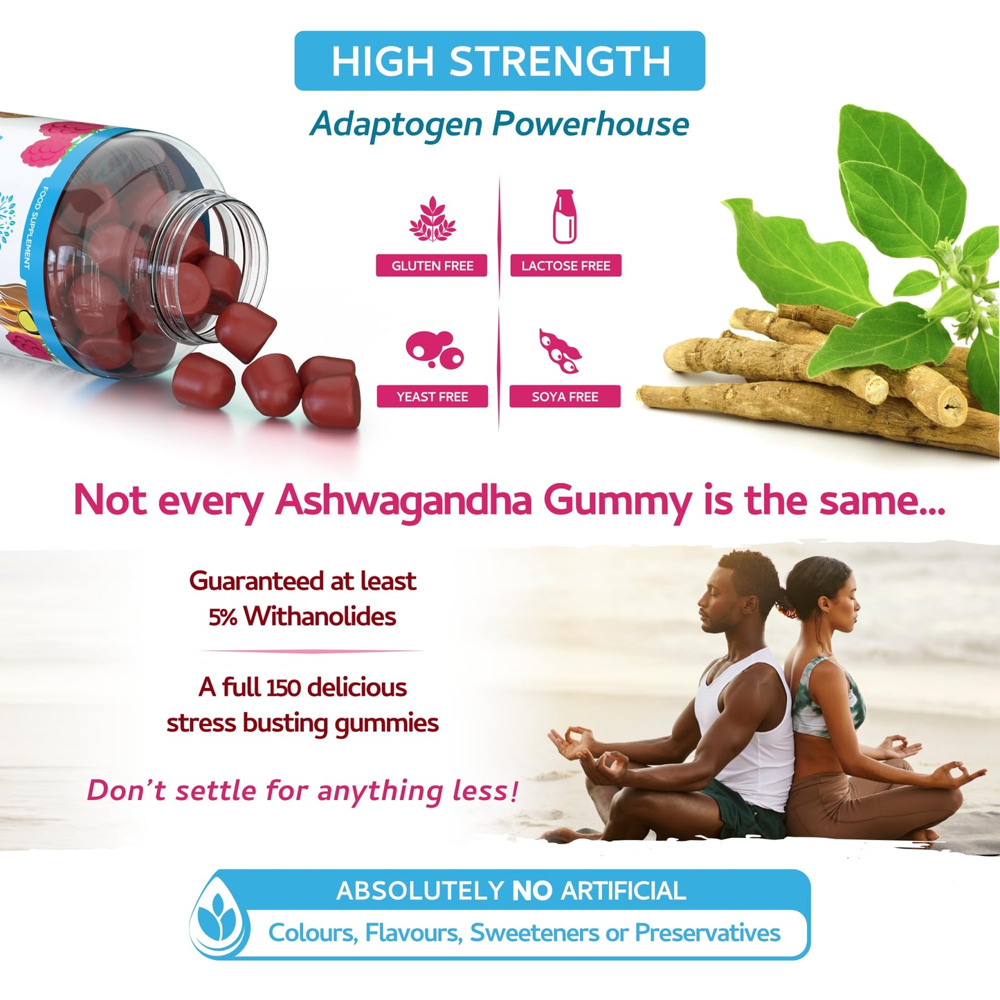 swiss bioenergetics Ashwagandha Gummies - 150 Natural Raspberry Flavoured Chewable & Yummy - 1200mg High Strength Serving with 5% Withanolides - 75 Day Supply - UK Made