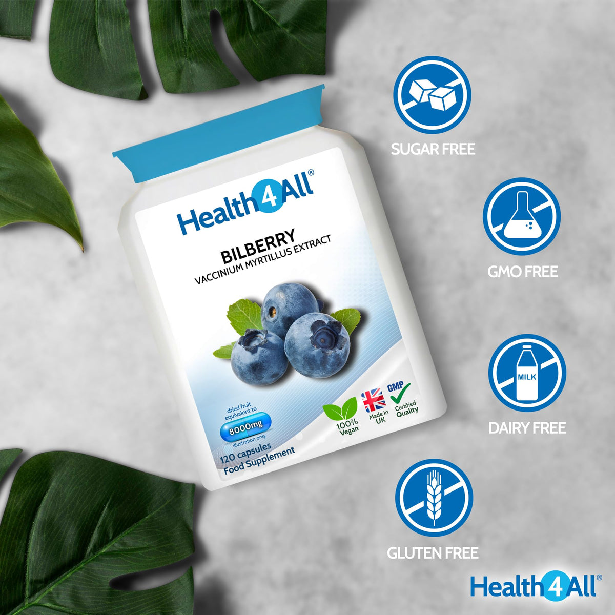 Health4All Bilberry Extract 8,000mg 120 Capsules, 4 Months Supply, Eye Health