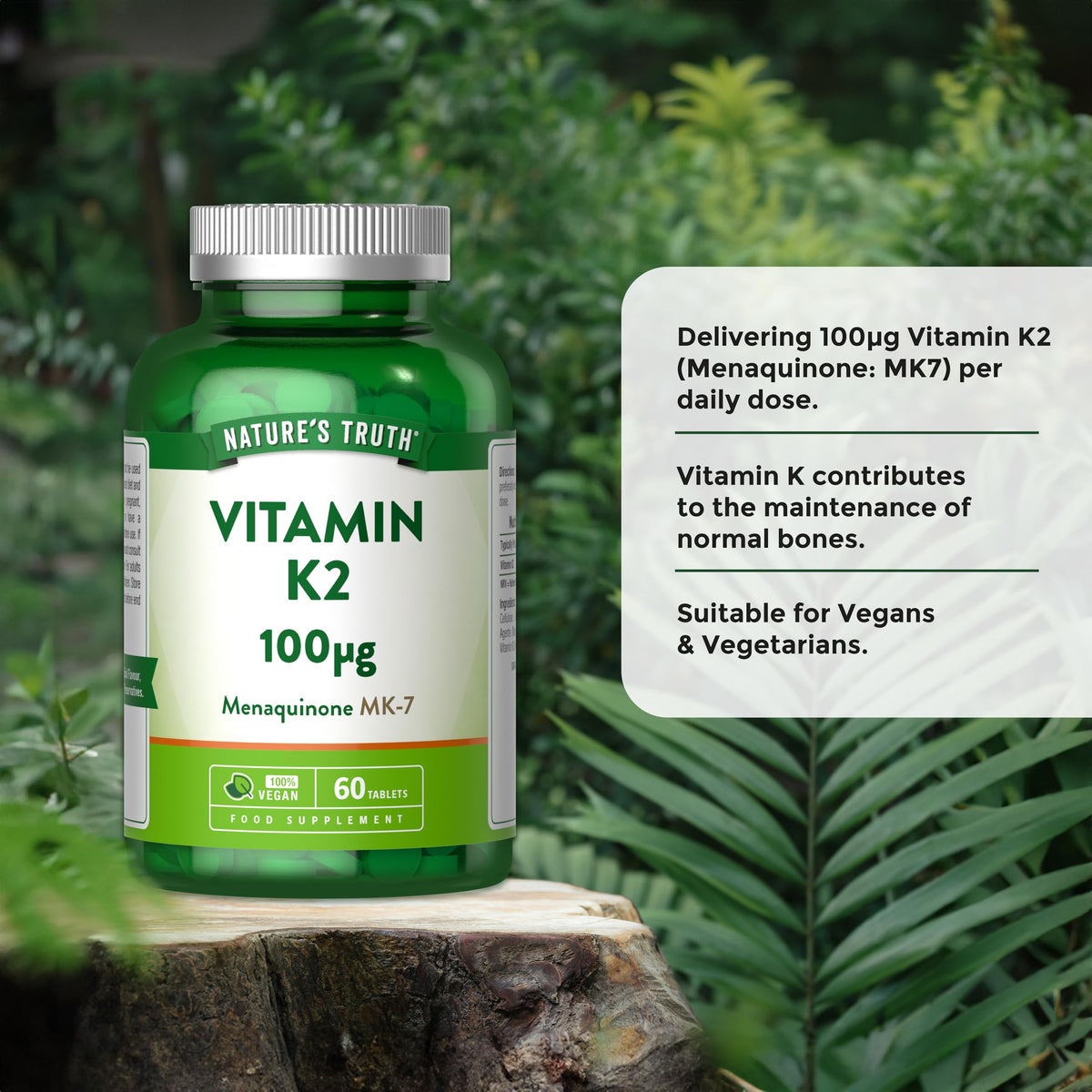 Vitamin K2 MK-7 100ug | High Strength Menaquinone MK-7 | 1-A-Day | 60 Vegan Tablets | Nature's Truth
