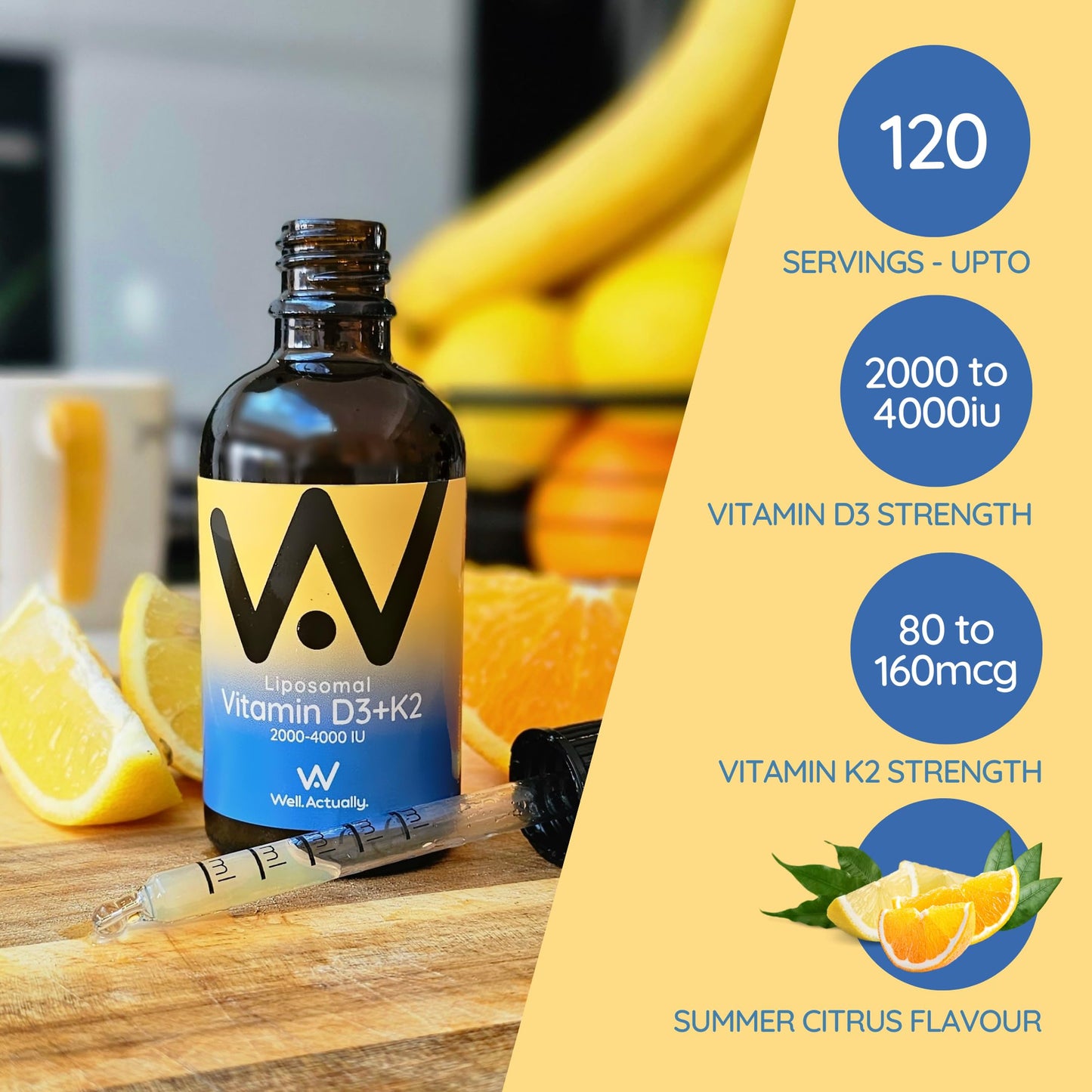 WELL ACTUALLY Liposomal Vitamin D3 + K2 Liquid Pipette - High Absorption Vegan Vitamin D3 4000 IU & Vitamin K2-7 160mcg as Menaquinone-7 MK-7 - Summer Citrus (up to 120 Servings)