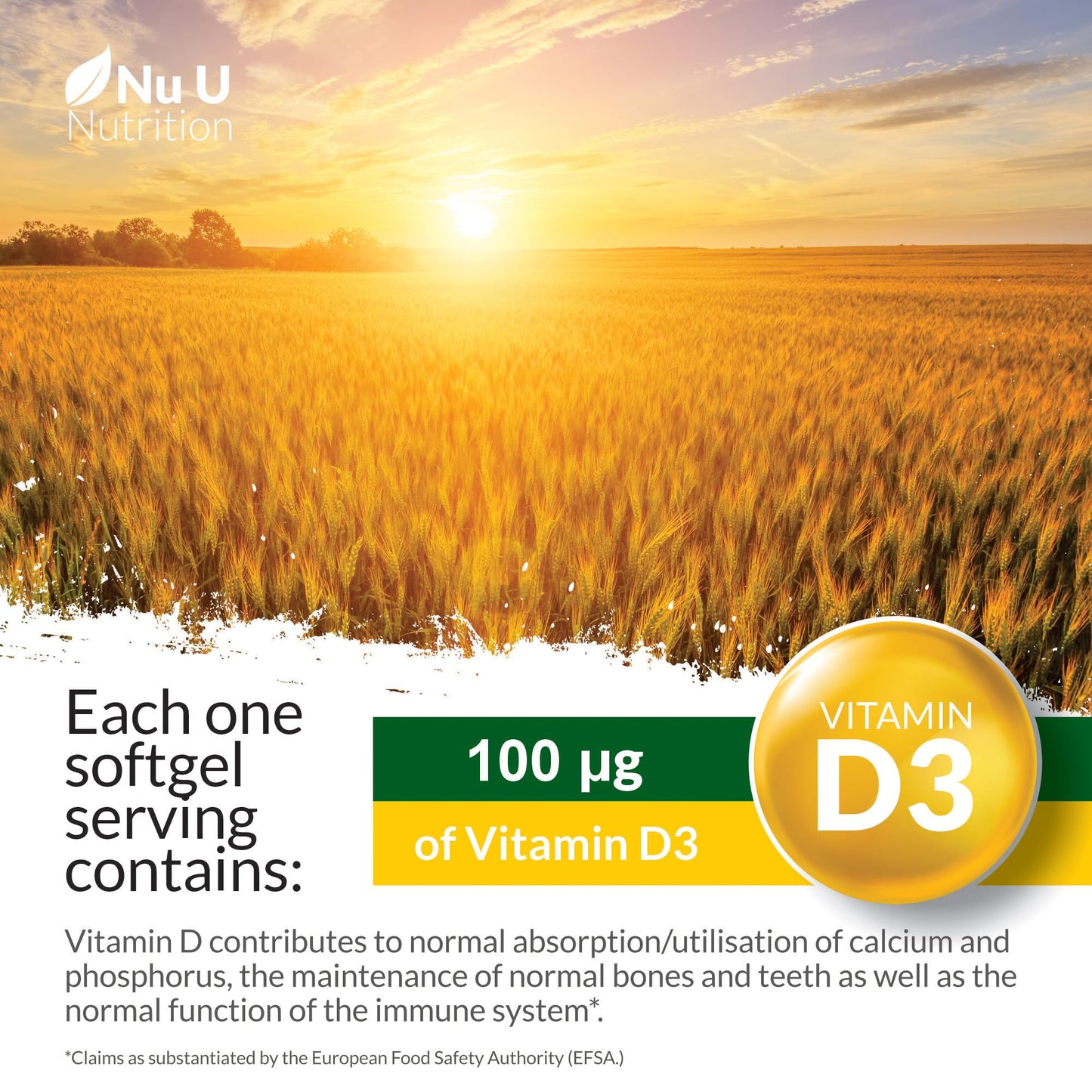 Nu U Nutrition - Vitamin D 4000IU - 365 Softgel Capsules not Tablets - 1 Year Supply - Quadruple Strength - Easy to Swallow - Cholecalciferol Form Vitamin D3 Supplement - Made in the UK