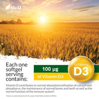 Nu U Nutrition - Vitamin D 4000IU - 365 Softgel Capsules not Tablets - 1 Year Supply - Quadruple Strength - Easy to Swallow - Cholecalciferol Form Vitamin D3 Supplement - Made in the UK