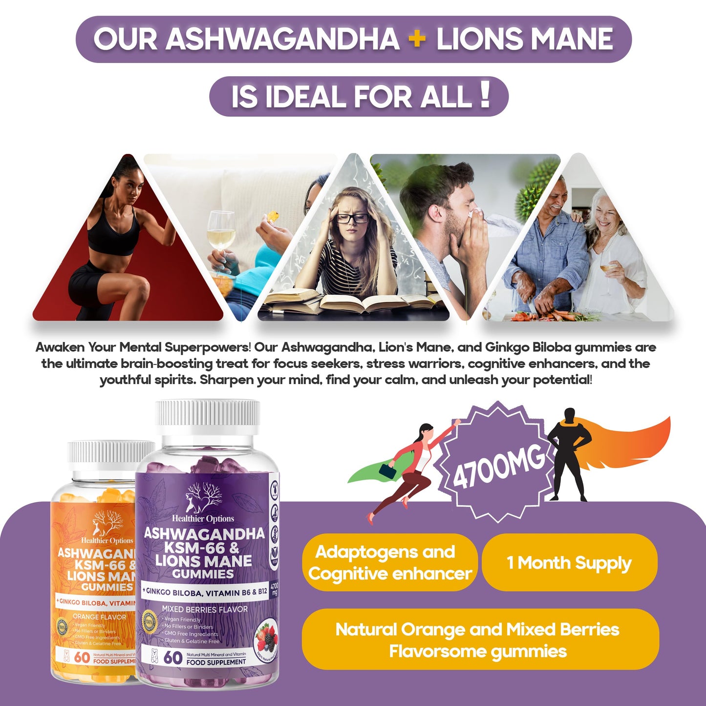 Healthier Options Ashwagandha KSM-66 and Lions Mane Gummies - High Strength 4700mg | All-in-One Gummies with Ginkgo Biloba, B6, B12 & Magnesium | Body, Mind & Cognitive Performance | Mixed Berries