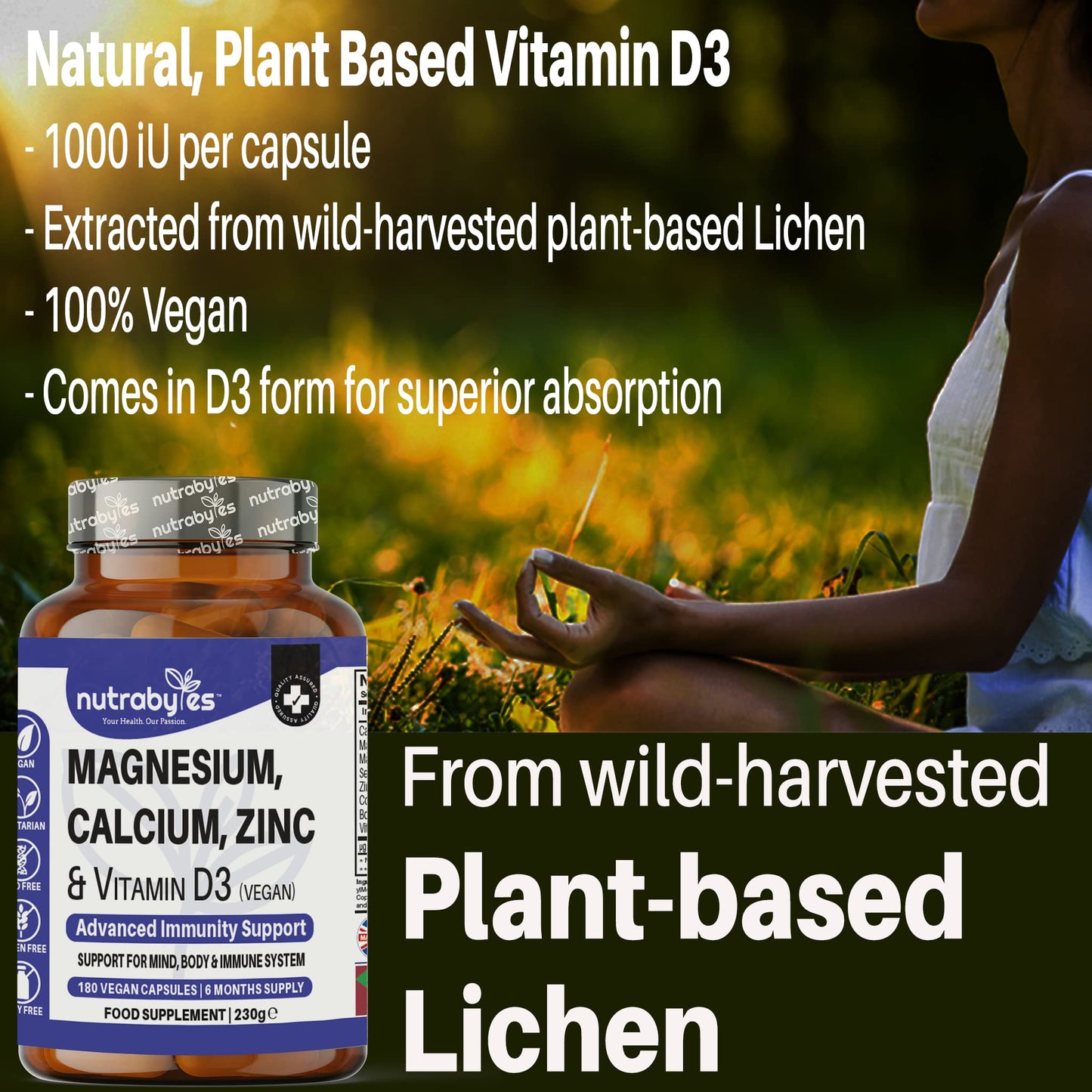 Magnesium Calcium Zinc & Vitamin D3 Vegan Supplement, Advanced Immunity Support, High Strength Vitamin D3, Strong Bones & Teeth, Muscle Recovery, Sleep Better, 180 Vegan Capsules-6 Months Supply - UK